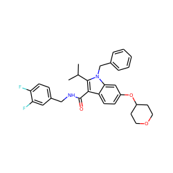 CC(C)c1c(C(=O)NCc2ccc(F)c(F)c2)c2ccc(OC3CCOCC3)cc2n1Cc1ccccc1 ZINC000096172145