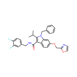 CC(C)c1c(C(=O)NCc2ccc(F)c(F)c2)c2ccc(OCc3ncco3)cc2n1Cc1ccccc1 ZINC000096172143