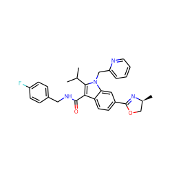 CC(C)c1c(C(=O)NCc2ccc(F)cc2)c2ccc(C3=N[C@@H](C)CO3)cc2n1Cc1ccccn1 ZINC000096172121