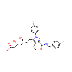 CC(C)c1c(C(=O)NCc2ccc(F)cc2)nn(-c2ccc(F)cc2)c1CC[C@@H](O)C[C@@H](O)CC(=O)O ZINC000014974332