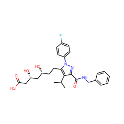 CC(C)c1c(C(=O)NCc2ccccc2)nn(-c2ccc(F)cc2)c1CC[C@@H](O)C[C@@H](O)CC(=O)O ZINC000014974326