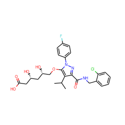 CC(C)c1c(C(=O)NCc2ccccc2Cl)nn(-c2ccc(F)cc2)c1OC[C@@H](O)C[C@@H](O)CC(=O)O ZINC000014967902