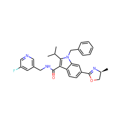 CC(C)c1c(C(=O)NCc2cncc(F)c2)c2ccc(C3=N[C@@H](C)CO3)cc2n1Cc1ccccc1 ZINC000096172107