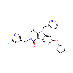 CC(C)c1c(C(=O)NCc2cncc(F)c2)c2ccc(OC3CCCC3)cc2n1Cc1cccnc1 ZINC000096172165