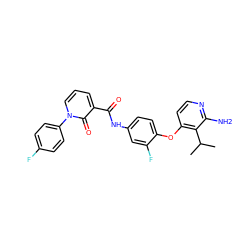 CC(C)c1c(Oc2ccc(NC(=O)c3cccn(-c4ccc(F)cc4)c3=O)cc2F)ccnc1N ZINC000040393195