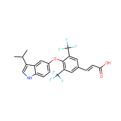 CC(C)c1c[nH]c2ccc(Oc3c(C(F)(F)F)cc(/C=C/C(=O)O)cc3C(F)(F)F)cc12 ZINC000028351145