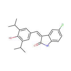 CC(C)c1cc(/C=C2\C(=O)Nc3ccc(Cl)cc32)cc(C(C)C)c1O ZINC000013780155