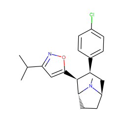 CC(C)c1cc([C@H]2[C@@H](c3ccc(Cl)cc3)C[C@H]3CC[C@H]2N3C)on1 ZINC000100985559