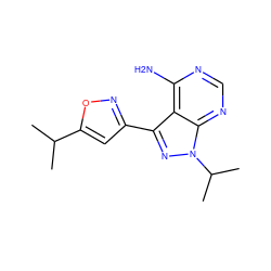 CC(C)c1cc(-c2nn(C(C)C)c3ncnc(N)c23)no1 ZINC000653778427