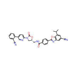 CC(C)c1cc(C#N)cc2nc(-c3ccc(C(=O)NC[C@@H]4CN(c5ccc(-c6ccccc6C#N)cn5)C(=O)O4)cc3)oc12 ZINC000071341692