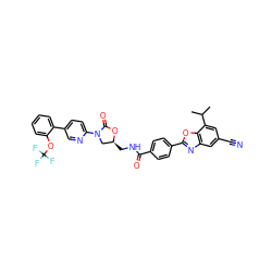 CC(C)c1cc(C#N)cc2nc(-c3ccc(C(=O)NC[C@H]4CN(c5ccc(-c6ccccc6OC(F)(F)F)cn5)C(=O)O4)cc3)oc12 ZINC000068150351