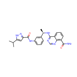 CC(C)c1cc(C(=O)Nc2cccc([C@@H](C)Nc3ncnc4c(C(N)=O)cccc34)c2)n[nH]1 ZINC000068245986