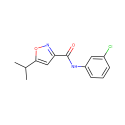 CC(C)c1cc(C(=O)Nc2cccc(Cl)c2)no1 ZINC000003908809