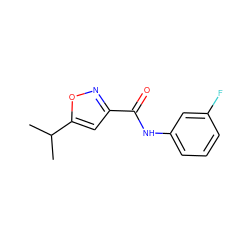 CC(C)c1cc(C(=O)Nc2cccc(F)c2)no1 ZINC000082335630