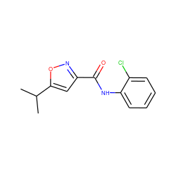 CC(C)c1cc(C(=O)Nc2ccccc2Cl)no1 ZINC000082324359