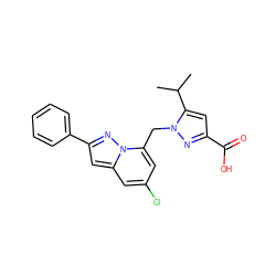 CC(C)c1cc(C(=O)O)nn1Cc1cc(Cl)cc2cc(-c3ccccc3)nn12 ZINC001772576842