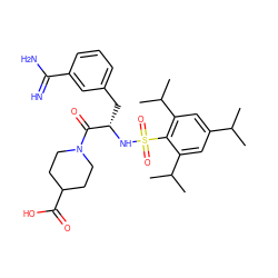 CC(C)c1cc(C(C)C)c(S(=O)(=O)N[C@@H](Cc2cccc(C(=N)N)c2)C(=O)N2CCC(C(=O)O)CC2)c(C(C)C)c1 ZINC000026841776