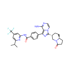 CC(C)c1cc(C(F)(F)F)cc(NC(=O)c2ccc(-c3nc([C@@H]4CC[C@H]5CCC(=O)N5C4)n4ccnc(N)c34)cc2)n1 ZINC000145595401