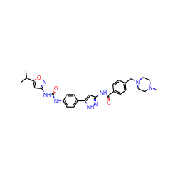 CC(C)c1cc(NC(=O)Nc2ccc(-c3cc(NC(=O)c4ccc(CN5CCN(C)CC5)cc4)n[nH]3)cc2)no1 ZINC000653837694