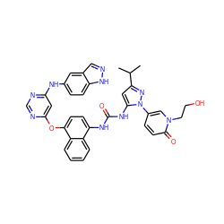 CC(C)c1cc(NC(=O)Nc2ccc(Oc3cc(Nc4ccc5[nH]ncc5c4)ncn3)c3ccccc23)n(-c2ccc(=O)n(CCO)c2)n1 ZINC000211094383