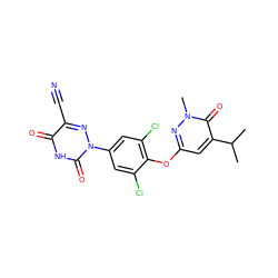 CC(C)c1cc(Oc2c(Cl)cc(-n3nc(C#N)c(=O)[nH]c3=O)cc2Cl)nn(C)c1=O ZINC000043151998