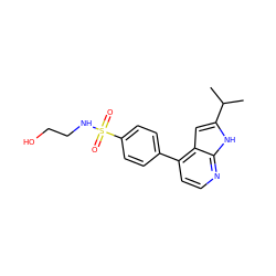 CC(C)c1cc2c(-c3ccc(S(=O)(=O)NCCO)cc3)ccnc2[nH]1 ZINC000095552509