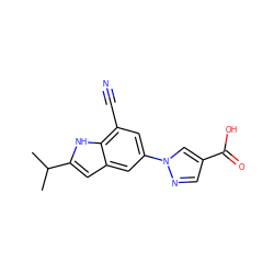 CC(C)c1cc2cc(-n3cc(C(=O)O)cn3)cc(C#N)c2[nH]1 ZINC000116766328