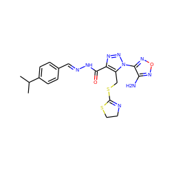 CC(C)c1ccc(/C=N/NC(=O)c2nnn(-c3nonc3N)c2CSC2=NCCS2)cc1 ZINC000002385132