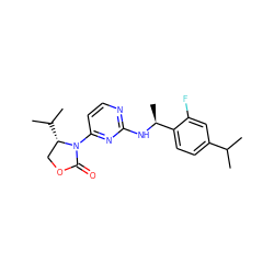 CC(C)c1ccc([C@H](C)Nc2nccc(N3C(=O)OC[C@@H]3C(C)C)n2)c(F)c1 ZINC000205147931