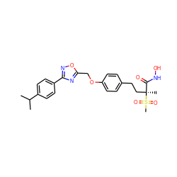 CC(C)c1ccc(-c2noc(COc3ccc(CC[C@@](C)(C(=O)NO)S(C)(=O)=O)cc3)n2)cc1 ZINC000169686564