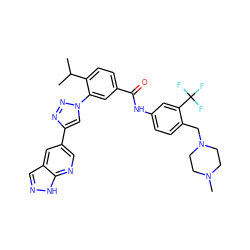 CC(C)c1ccc(C(=O)Nc2ccc(CN3CCN(C)CC3)c(C(F)(F)F)c2)cc1-n1cc(-c2cnc3[nH]ncc3c2)nn1 ZINC000095575743