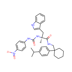 CC(C)c1ccc(C2(CNC(=O)[C@](C)(Cc3c[nH]c4ccccc34)NC(=O)Nc3ccc([N+](=O)[O-])cc3)CCCCC2)cc1 ZINC000026576452