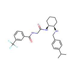 CC(C)c1ccc(CN[C@@H]2CCCC[C@@H]2NC(=O)CNC(=O)c2cccc(C(F)(F)F)c2)cc1 ZINC000029151445