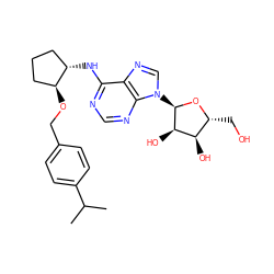 CC(C)c1ccc(CO[C@H]2CCC[C@@H]2Nc2ncnc3c2ncn3[C@H]2O[C@H](CO)[C@@H](O)[C@H]2O)cc1 ZINC000096169079