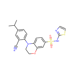 CC(C)c1ccc(N2CCOc3cc(S(=O)(=O)Nc4nccs4)ccc32)c(C#N)c1 ZINC000220205681