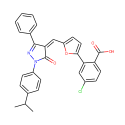 CC(C)c1ccc(N2N=C(c3ccccc3)/C(=C/c3ccc(-c4cc(Cl)ccc4C(=O)O)o3)C2=O)cc1 ZINC000653821103