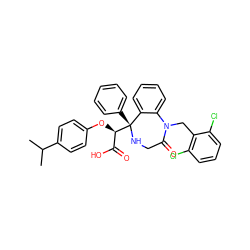 CC(C)c1ccc(O[C@H](C(=O)O)[C@@]2(c3ccccc3)NCC(=O)N(Cc3c(Cl)cccc3Cl)c3ccccc32)cc1 ZINC000101004691