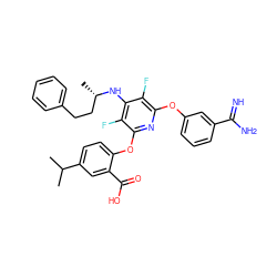 CC(C)c1ccc(Oc2nc(Oc3cccc(C(=N)N)c3)c(F)c(N[C@@H](C)CCc3ccccc3)c2F)c(C(=O)O)c1 ZINC000028524091