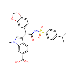 CC(C)c1ccc(S(=O)(=O)NC(=O)[C@@H](c2ccc3c(c2)OCO3)c2cn(C)c3cc(C(=O)O)ccc23)cc1 ZINC000095613495