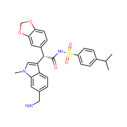 CC(C)c1ccc(S(=O)(=O)NC(=O)[C@@H](c2ccc3c(c2)OCO3)c2cn(C)c3cc(CN)ccc23)cc1 ZINC000013436361