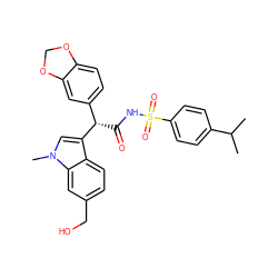 CC(C)c1ccc(S(=O)(=O)NC(=O)[C@@H](c2ccc3c(c2)OCO3)c2cn(C)c3cc(CO)ccc23)cc1 ZINC000013436343