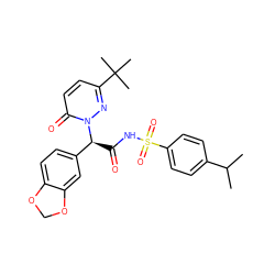 CC(C)c1ccc(S(=O)(=O)NC(=O)[C@@H](c2ccc3c(c2)OCO3)n2nc(C(C)(C)C)ccc2=O)cc1 ZINC000026672103