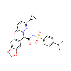 CC(C)c1ccc(S(=O)(=O)NC(=O)[C@@H](c2ccc3c(c2)OCO3)n2nc(C3CC3)ccc2=O)cc1 ZINC000026674365