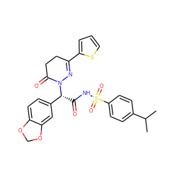 CC(C)c1ccc(S(=O)(=O)NC(=O)[C@H](c2ccc3c(c2)OCO3)N2N=C(c3cccs3)CCC2=O)cc1 ZINC000026717551