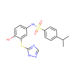 CC(C)c1ccc(S(=O)(=O)Nc2ccc(O)c(Sc3ncn[nH]3)c2)cc1 ZINC000006239799