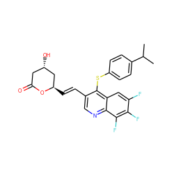 CC(C)c1ccc(Sc2c(/C=C/[C@@H]3C[C@@H](O)CC(=O)O3)cnc3c(F)c(F)c(F)cc23)cc1 ZINC000028876028