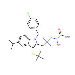 CC(C)c1ccc2c(c1)c(SC(C)(C)C)c(CC(C)(C)CN(O)C(N)=O)n2Cc1ccc(Cl)cc1 ZINC000003803279