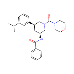 CC(C)c1cccc([C@@H]2C[C@H](NC(=O)c3ccccc3)CN(C(=O)N3CCOCC3)C2)c1 ZINC000114340407