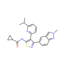 CC(C)c1cccc(-c2c(-c3ccc4nn(C)cc4c3)nsc2NC(=O)C2CC2)n1 ZINC000095592471