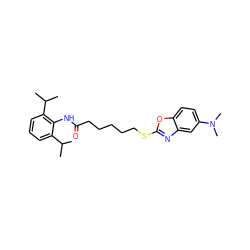 CC(C)c1cccc(C(C)C)c1NC(=O)CCCCCSc1nc2cc(N(C)C)ccc2o1 ZINC000002004777